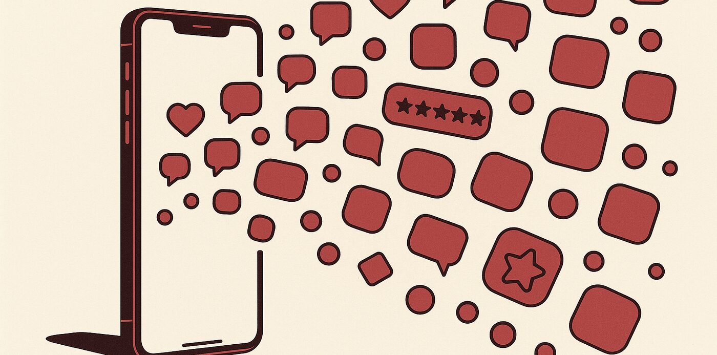 Editorial illustration of a smartphone with hearts, chat bubbles, star ratings and app icons radiating outward, representing viral consumer adoption