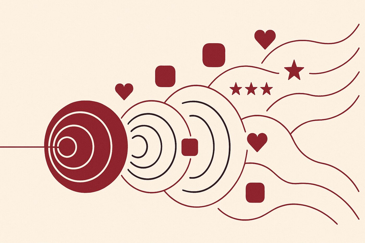 Editorial illustration of ripples spreading outward from a small source, carrying hearts, stars and app icons, representing a trend starting small and spreading