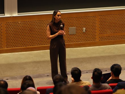 A founder pitching at Demo Day